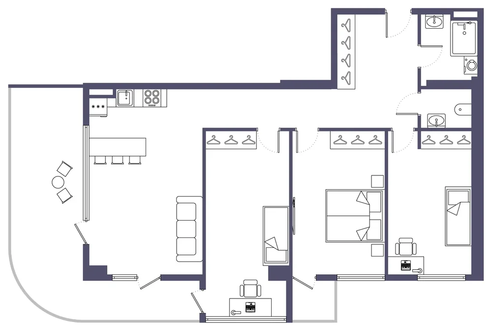 Three-bedroom apartment floor plan