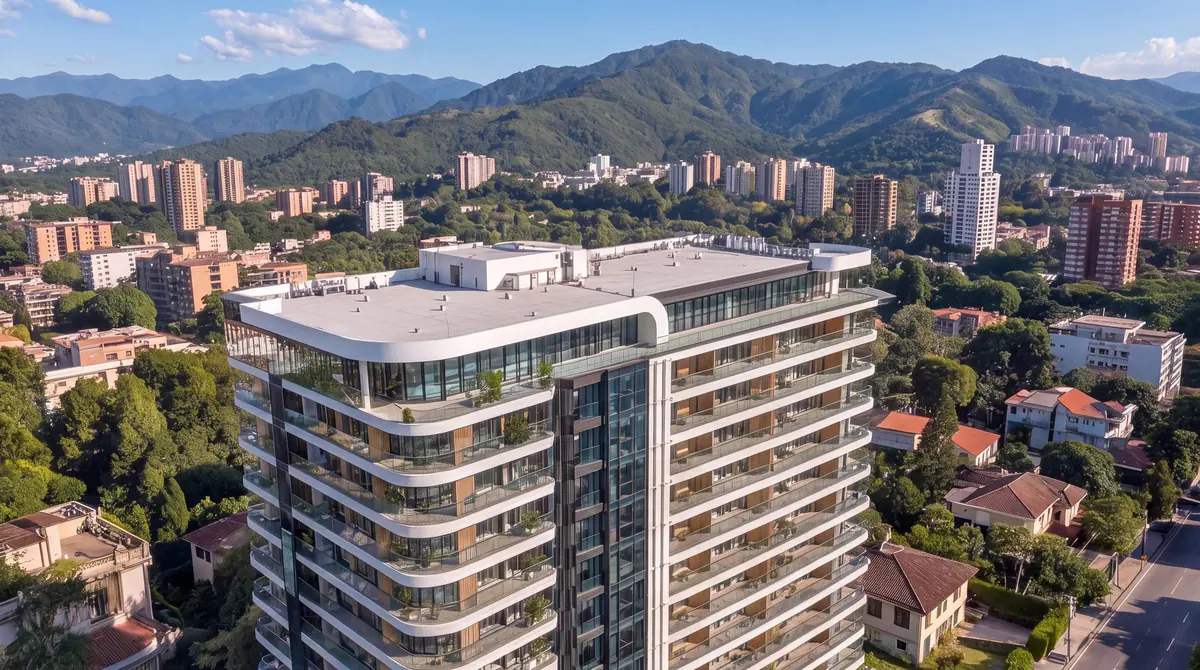 Developer rendering: the upper floors of the house with mountains behind