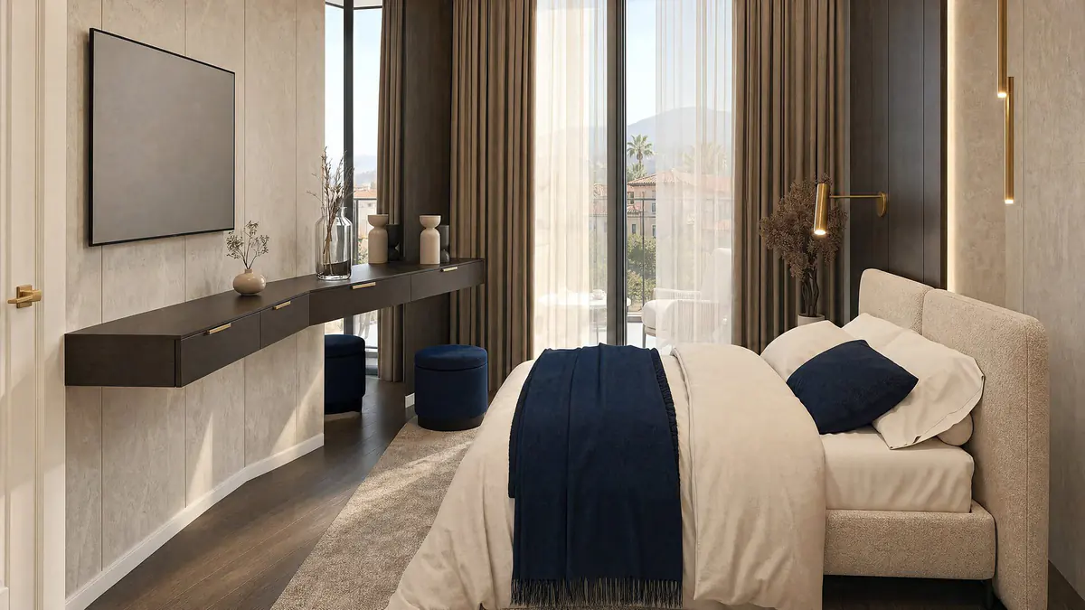 A bedroom with a floor-to-ceiling window
