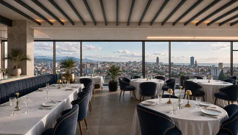 The rooftop restaurant with a view of the city