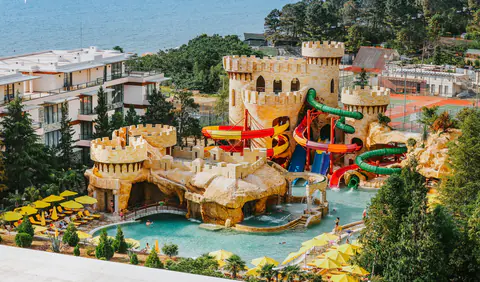 The water park castle with its slides on the resort grounds