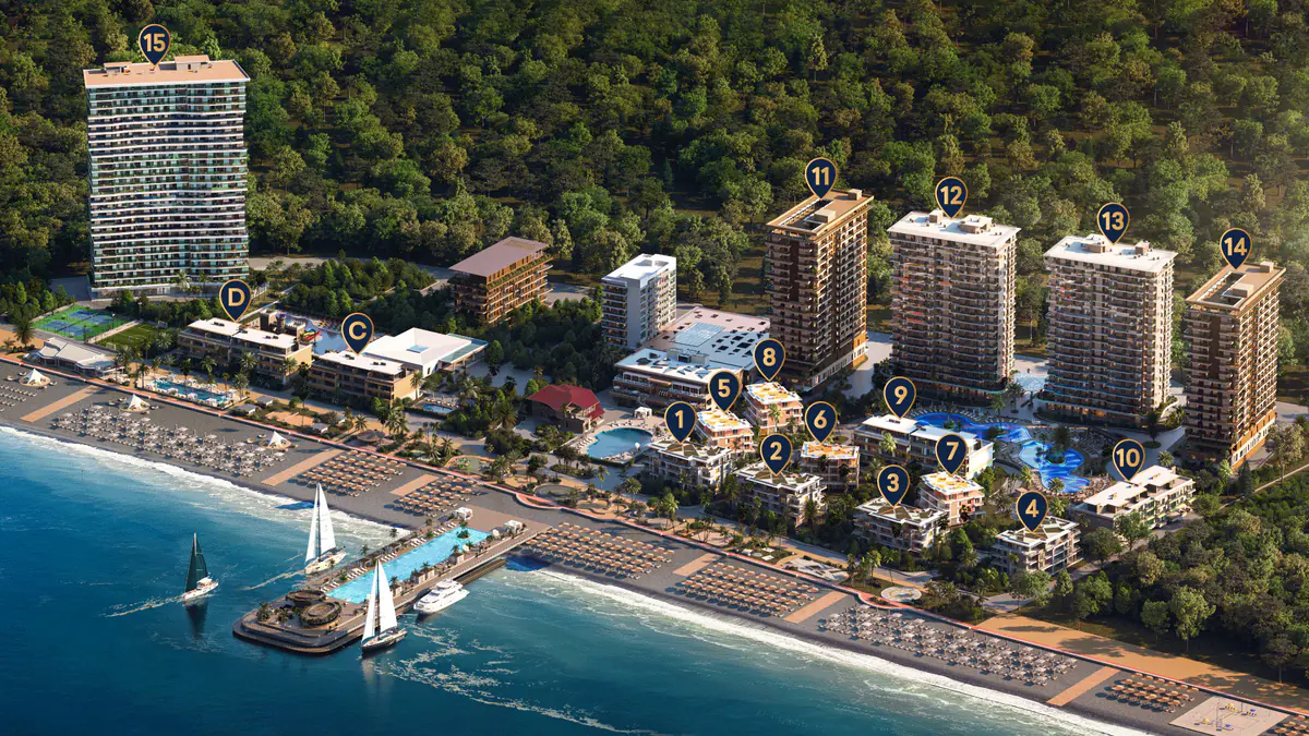 Developer rendering of the site plan with the block numbers and the planned pier