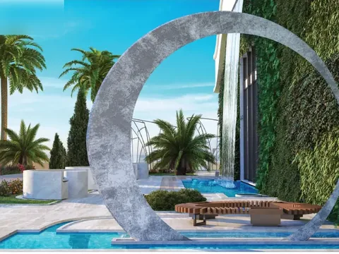 The developer's own rendering of the water feature and planting on the grounds